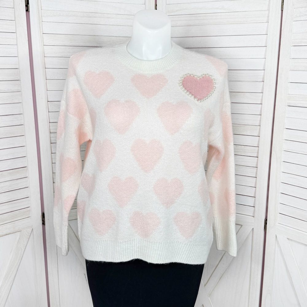 Vince Camuto One and Only Hearts Pearl Embellished Sweater Ivory Pink Medium